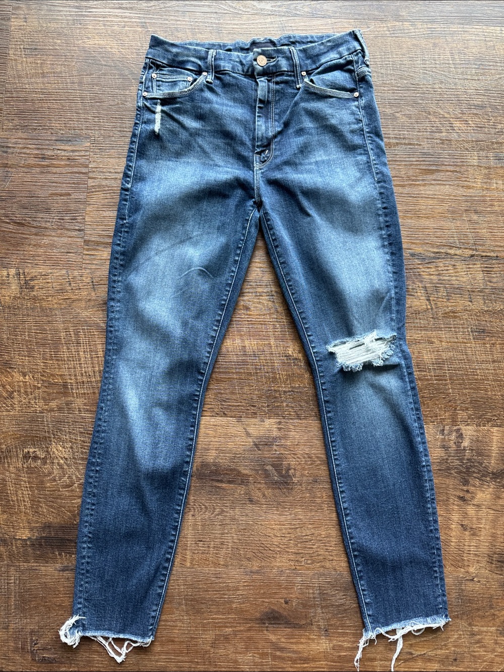 MOTHER High Waisted Looker Ankle Fray Dark Blue Jeans